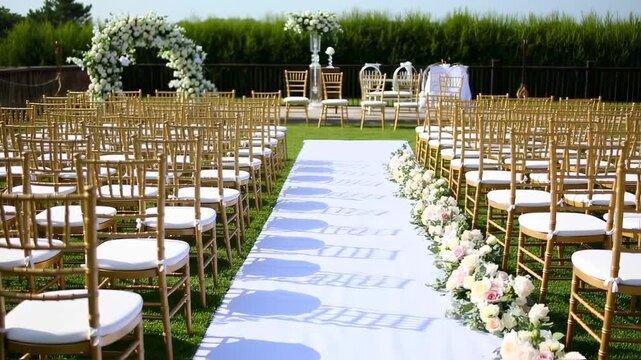 Elegant Outdoor Wedding Ceremony Setup with Gold Chairs and Floral Decorations