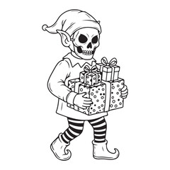 Skeleton elf carrying presents in black and white outline colouring page