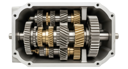 An open gearbox casing displaying the intricate internal gears and cogs of a transmission system.