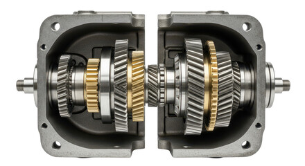 Cross-section of an industrial gearbox with intricate gold and steel gears on white background.