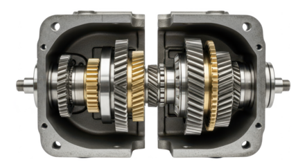 Cross-section of an industrial gearbox with intricate gold and steel gears on white background.