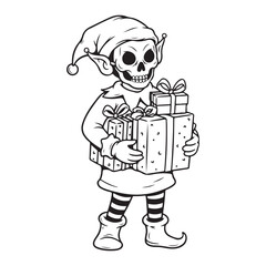 Skeleton elf carrying gifts in black and white outline art colouring page