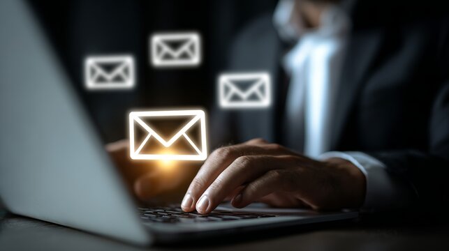 A business professional in a suit actively engages with email notifications on a laptop at a desk.