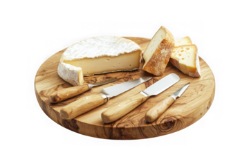 Delicious cheese assortment on wooden board with knives still life food photography gourmet dairy product isolated on transparent background