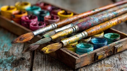 Aged paintbrushes and colorful paint pots in a wooden box.