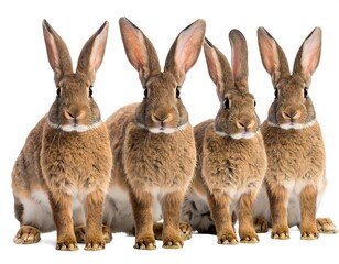 Obraz premium Four brown rabbits sit in a row against a white background