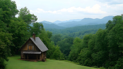 Obraz premium Rustic Cabin Nestled in Lush Greenery with Misty Mountain Backdr