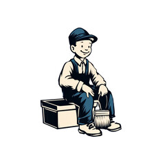Smiling cartoon boy in overalls and cap sitting with cleaning brush and box