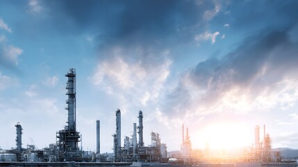 Oil refinery complex under a clear sky with industrial lighting  long title A large oil refinery complex with multiple towers chimneys and