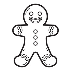 Outline drawing of a gingerbread man with vampire fangs colouring page