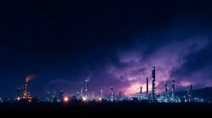 Illuminated oil refinery complex at night with cityscape in the background