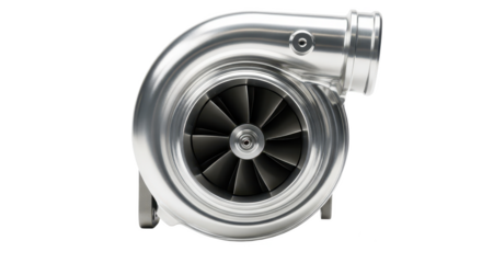A high-performance automotive turbocharger with a polished aluminum housing isolated on a white background