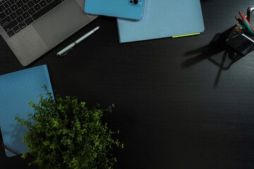 office desk with computer and supplies. Table Top view with space for your text.
