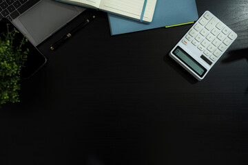 office desk with computer and supplies. Table Top view with space for your text.
