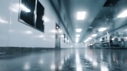 Phar eutical factory interior with sterile cleanroom equipment and lighting