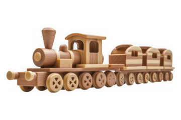 Detailed wooden toy train locomotive engine and passenger cars for kids playtime fun, educational, isolated on transparent background