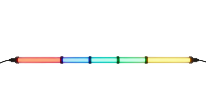 Four vibrant red, blue, green, and yellow neon light tubes precisely aligned horizontally, intensely glowing on a transparent background with subtle futuristic lines and copy space, creating a