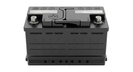 Obraz premium A modern automotive car battery with positive and negative terminals on a white background.