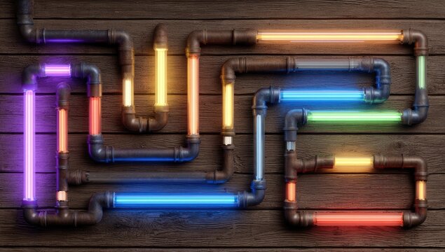 Colorful neon tubes form a maze on rustic wood