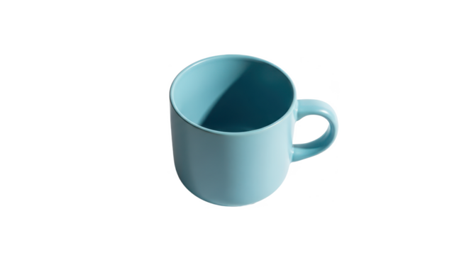 A modern ceramic coffee mug in matte pastel blue, isolated on a bright white background.