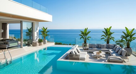 Fototapeta premium Seaside villa paradise showcasing a tranquil pool area with ocean views and elegant outdoor