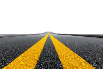 Two yellow lines on a gray asphalt road, vanishing point in the distance