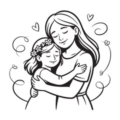 Mother and daughter hugging with hearts and swirls around them colouring page