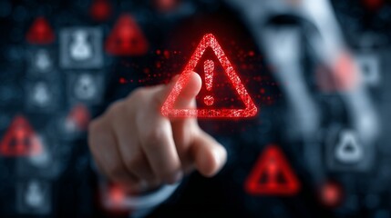 A businessman alerts an emergency with a glowing warning symbol, emphasizing urgency and caution in a digital environment.