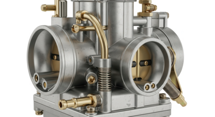 A detailed motorcycle carburetor with intricate pipes, brass valves, and metallic tones.