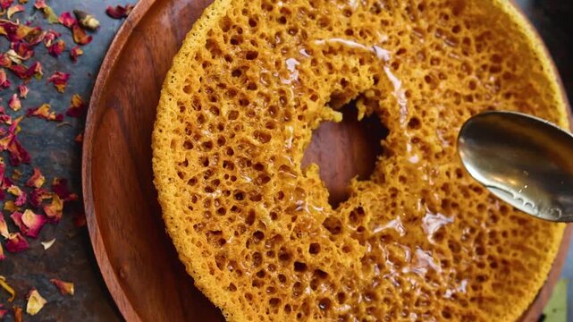 Ghewar or ghevar is a dessert in india garnished with rabri