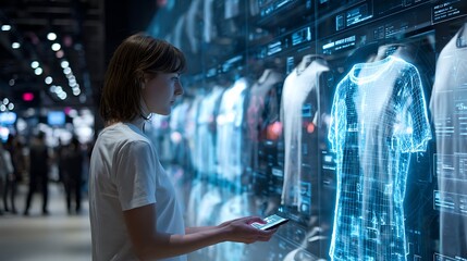 Visionary designer explores futuristic fashion tech, interacting with holographic apparel and digital interfaces for innovative retail experiences.