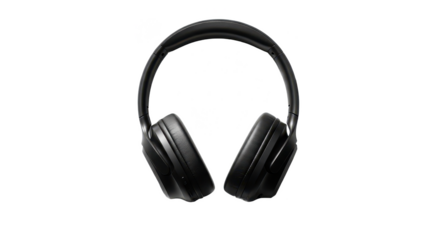 A pair of sleek black over-ear headphones neatly centered on a plain white background with shadows.