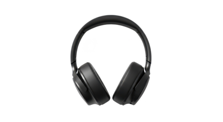 A pair of modern black over-ear headphones isolated in the center of a clean white background