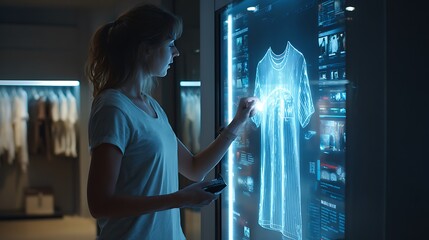 Modern shopper interacts with futuristic holographic display to virtually try on clothing in a stylish retail environment, embracing technology.
