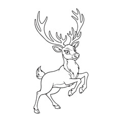 Cartoon reindeer prancing with large antlers line drawing colouring page