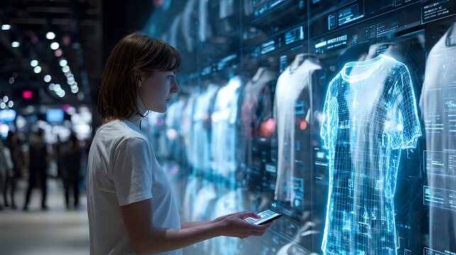 Visionary designer explores futuristic fashion tech, interacting with holographic apparel and digital interfaces for innovative retail experiences.