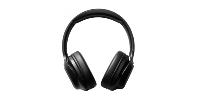 A pair of sleek black over-ear headphones neatly centered on a plain white background with shadows. - Powered by Adobe