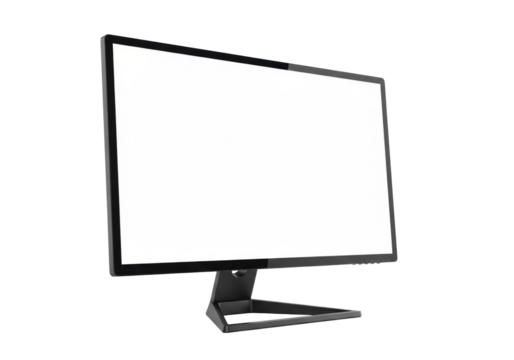 Single black ultra-sleek modern computer monitor with minimal bezels, blank white screen, dark angular stand, on transparent isolated background with crisp studio lighting, high contrast, technology