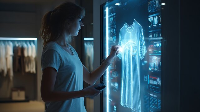 Modern shopper interacts with futuristic holographic display to virtually try on clothing in a stylish retail environment, embracing technology.
