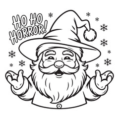 Santa horror with hat and snowflakes in black and white colouring page