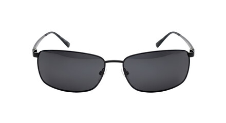 Sleek modern sunglasses with dark rectangular lenses and a black metal frame, isolated on white
