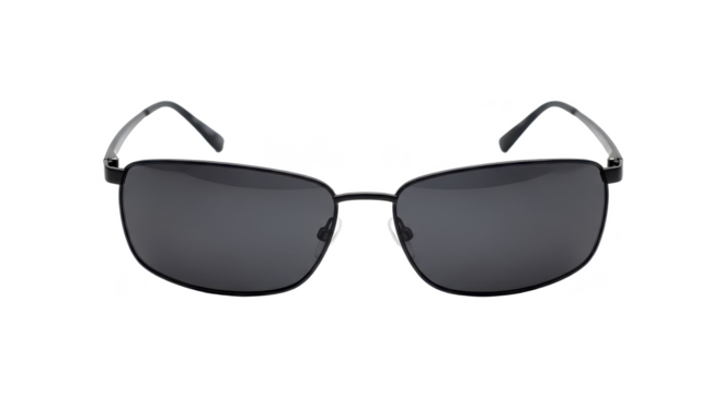 Sleek modern sunglasses with dark rectangular lenses and a black metal frame, isolated on white