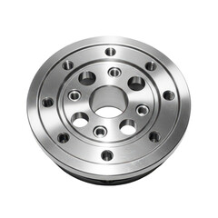 A polished steel harmonic balancer, an automotive engine part, isolated on a white background
