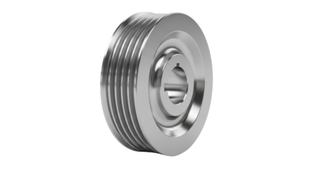 A polished metal pulley wheel with realistic multi-grooves isolated on a white background.