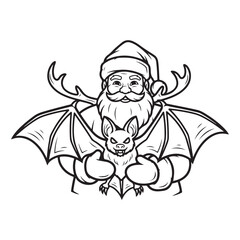 Santa claus holding a bat with antlers in black and white colouring page