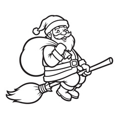 Santa claus flying on a broom with a sack outline drawing colouring page