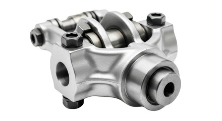 A detailed, polished metallic rocker arm assembly with pivots and rollers on a white background.