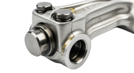 A polished steel rocker arm with detailed pivots and metallic textures on a white background.