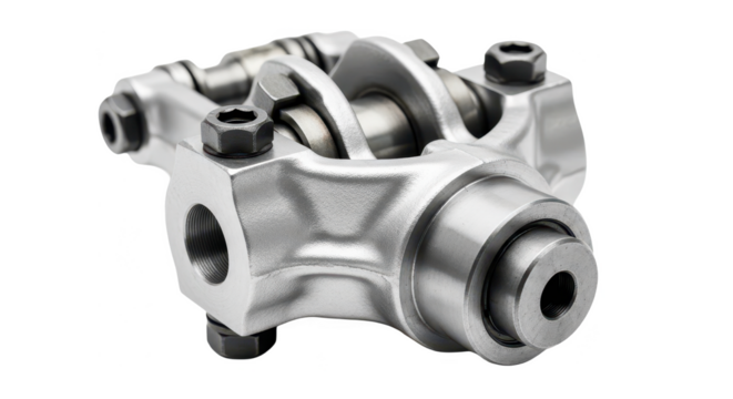A detailed, polished metallic rocker arm assembly with pivots and rollers on a white background.