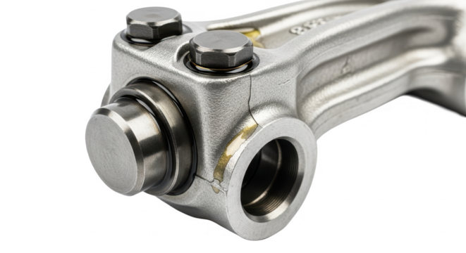 A polished steel rocker arm with detailed pivots and metallic textures on a white background.